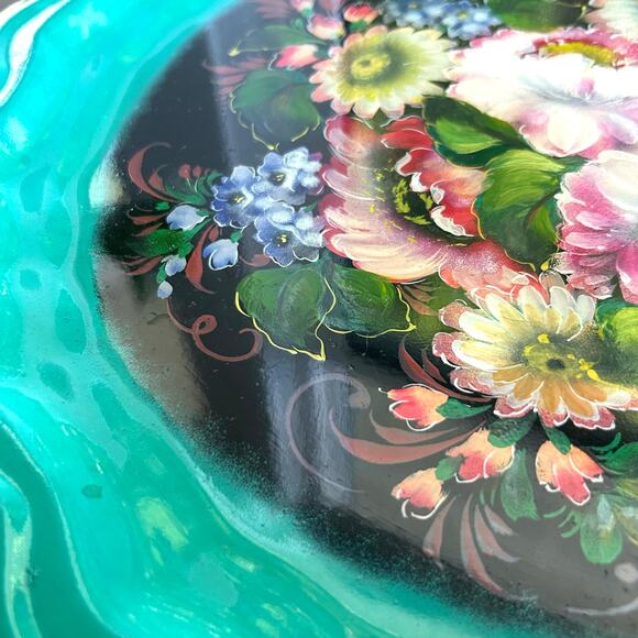 Vintage Zhostovo Russian Tole Tray with Bright Floral & Green Rim 15” - Picture 7 of 15
